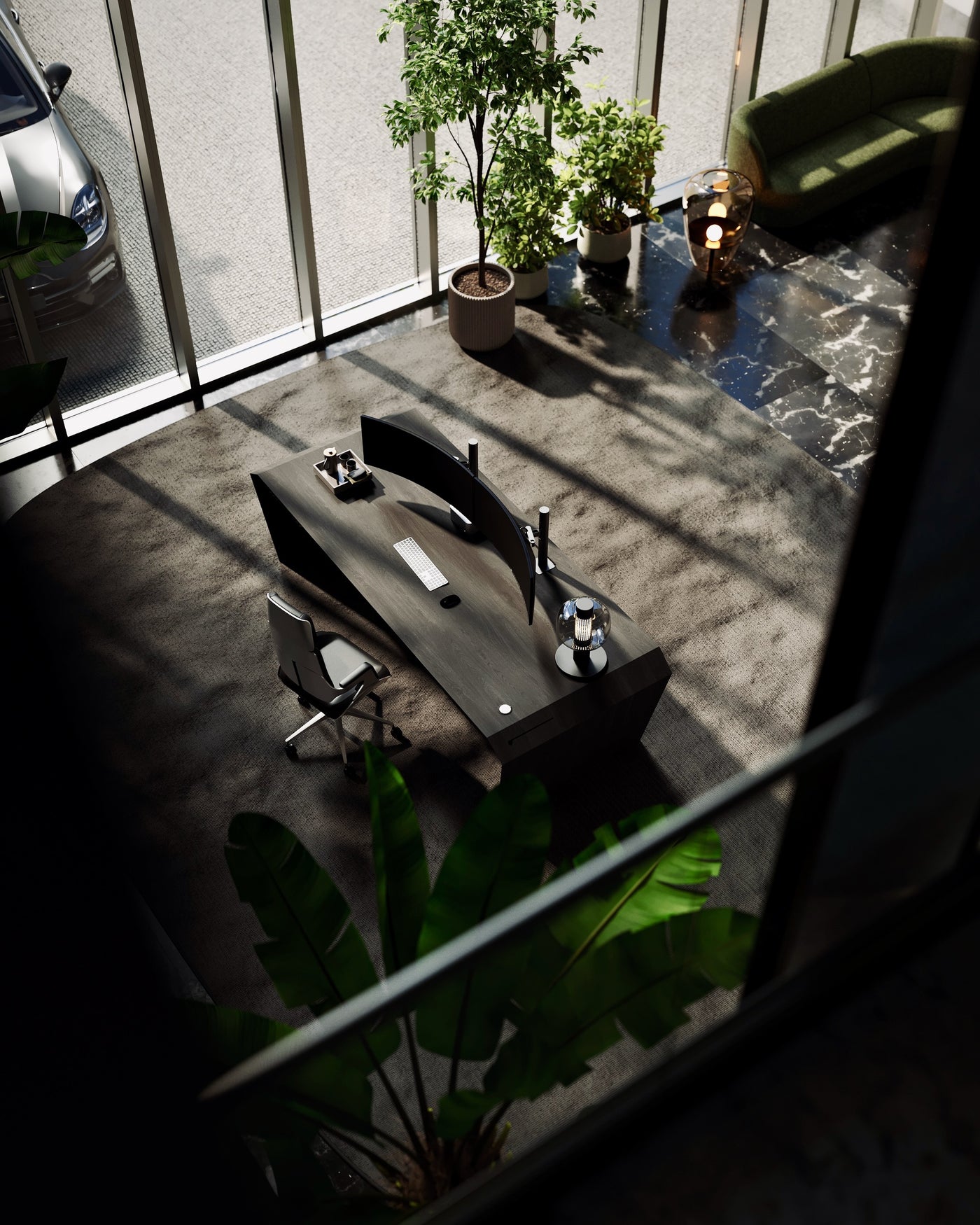EDELHOLZ DeskPRO Schreibtisch in Midnight Noir aus Vogelperspektive im Glas-Office mit Curved-Monitor und Designermöbeln