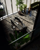 EDELHOLZ DeskPRO Schreibtisch in Midnight Noir aus Vogelperspektive im Glas-Office mit Curved-Monitor und Designermöbeln