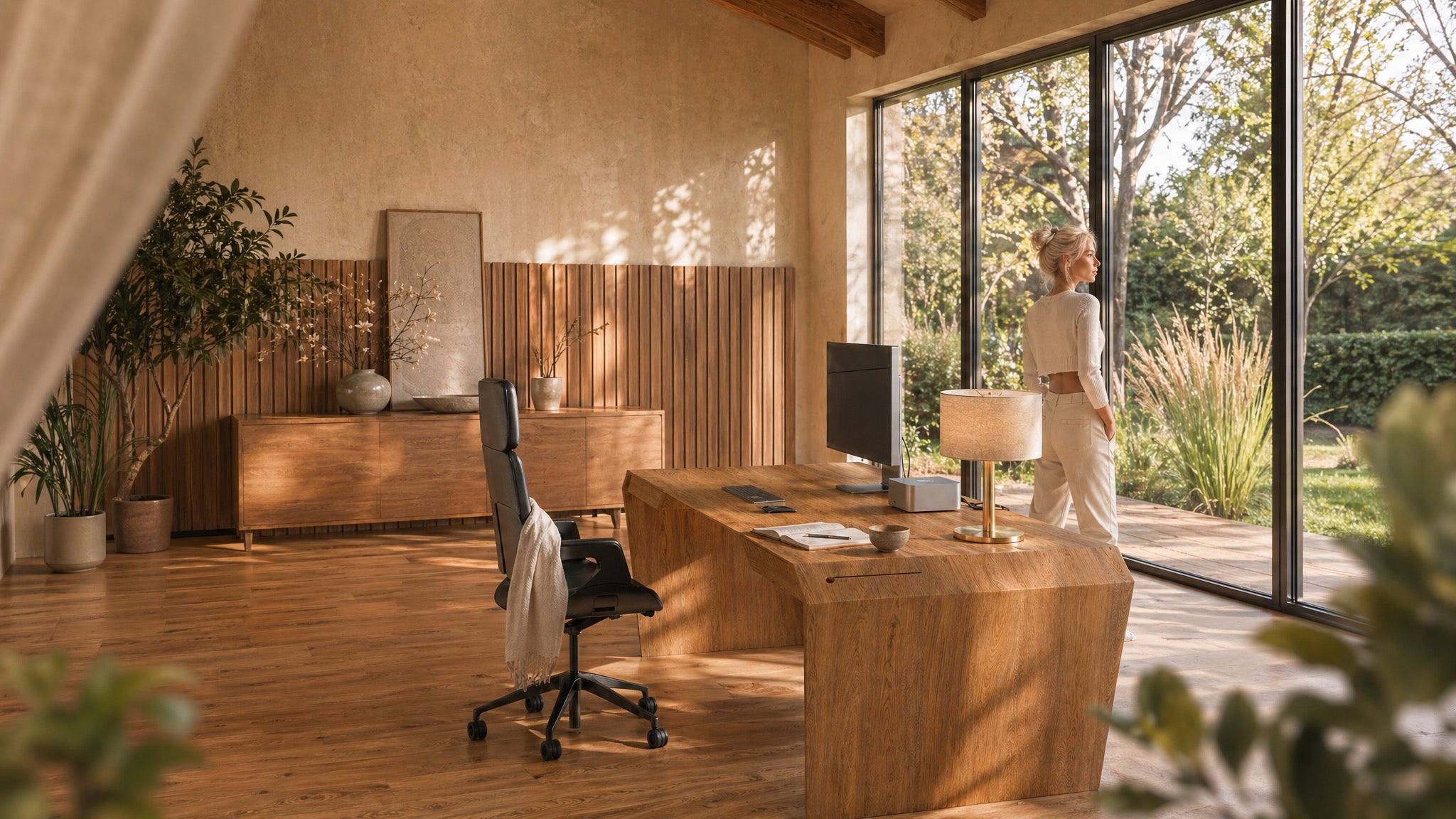 Stilvoller EDELHOLZ DeskPURE Massivholz-Schreibtisch in modernem Büro – Premium Designer-Möbel handgefertigt aus Eiche