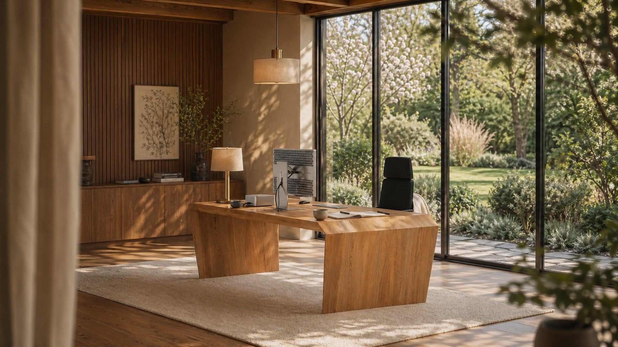 EDELHOLZ ArcPURE Eckschreibtisch in Golden Timber im Home Office mit Holzlamellen-Wand und großer Fensterfront zum Garten