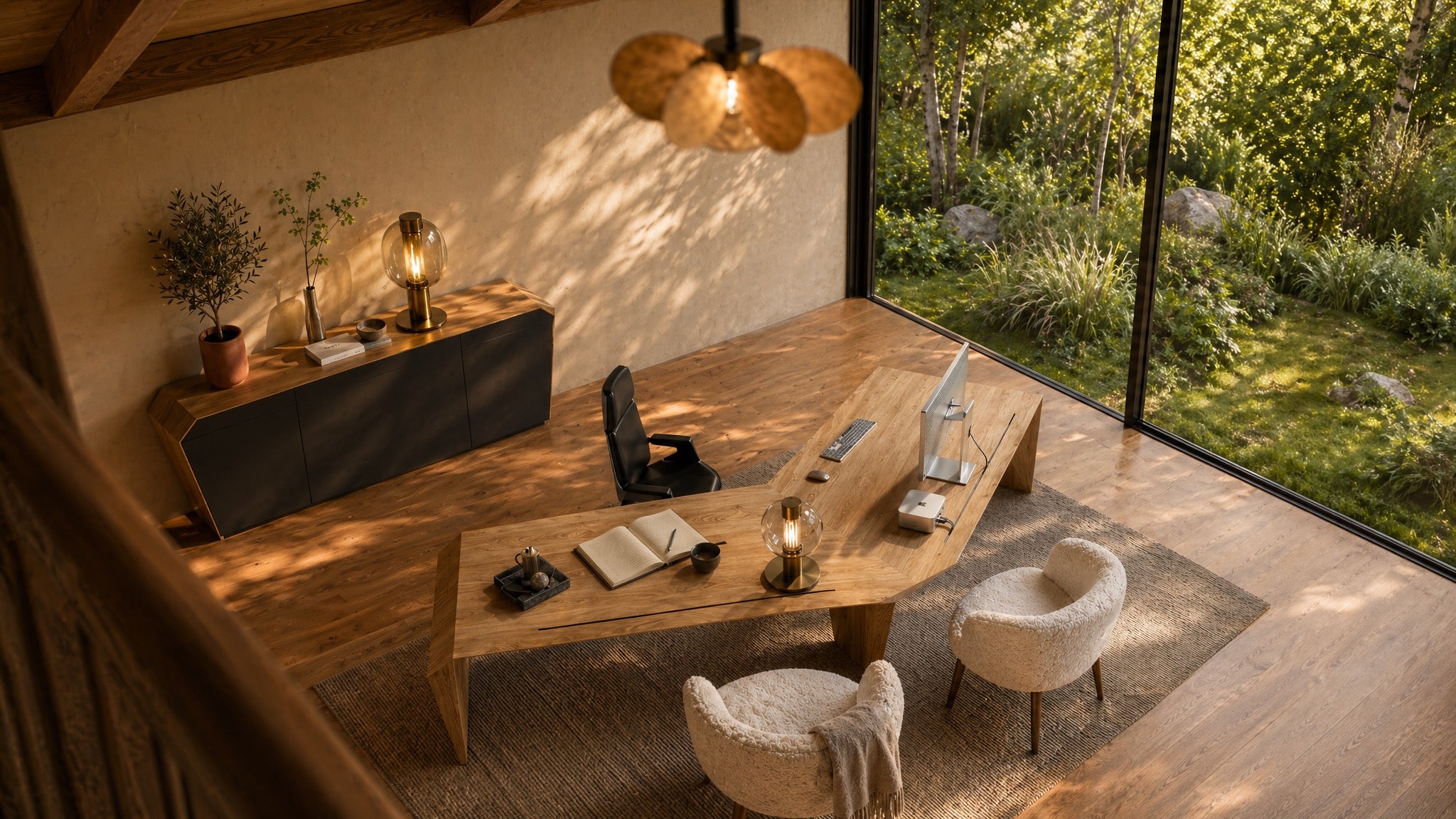 EDELHOLZ Designer-Schreibtisch in elegantem Premium-Büro — handgefertigtes Massivholz-Möbel für Inhaberinnen und Unternehmerinnen – KI-generierte Visualisierung