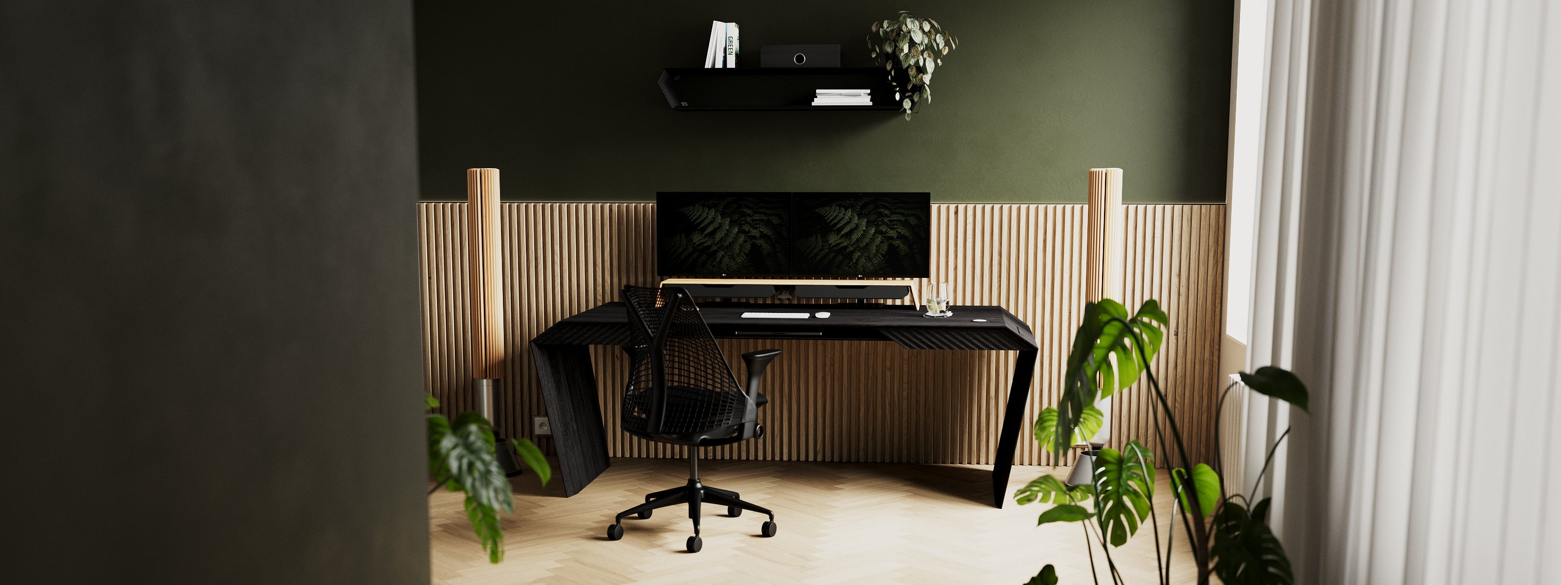 EDELHOLZ DeskPRO Schreibtisch in Midnight Noir im grünen Home Office mit Akustikpaneel und Curved-Monitor