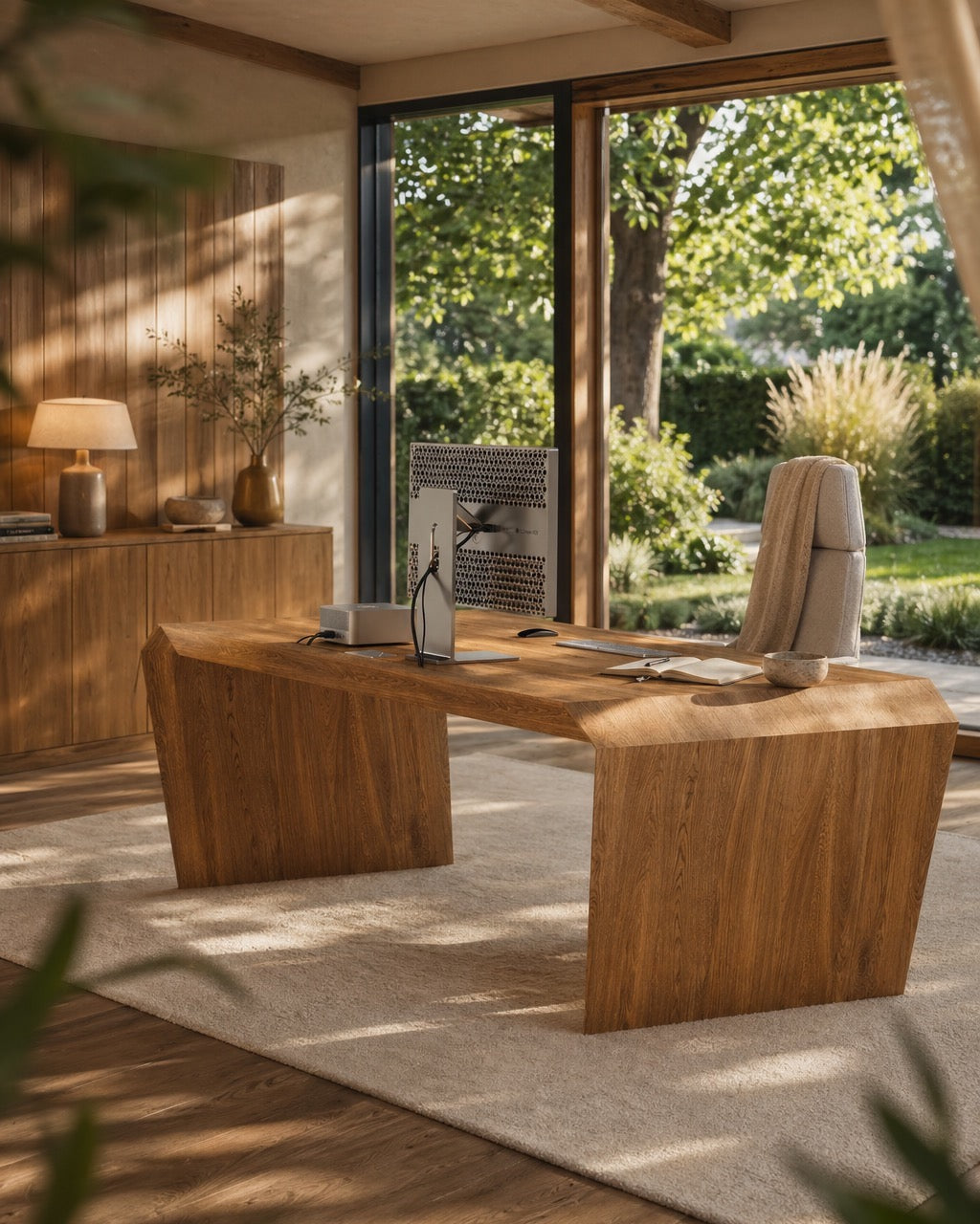 EDELHOLZ Schreibtisch in Golden Timber im lichtdurchfluteten Homeoffice mit Gartenblick – KI-generierte Visualisierung