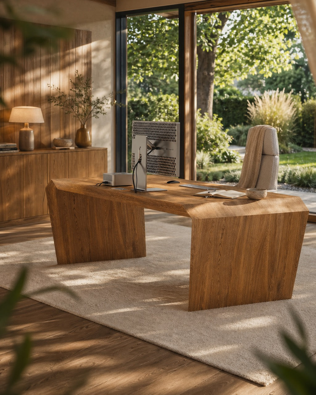 EDELHOLZ Massivholz-Schreibtisch in Golden Timber in einem hellen Büro mit Gartenblick und Sideboard.
