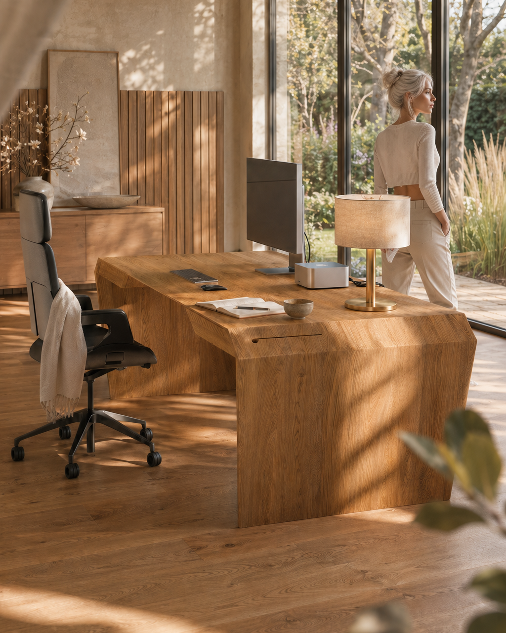 Unternehmerin an ihrem EDELHOLZ Schreibtisch in Golden Timber in einem lichtdurchfluteten Homeoffice mit Gartenblick.