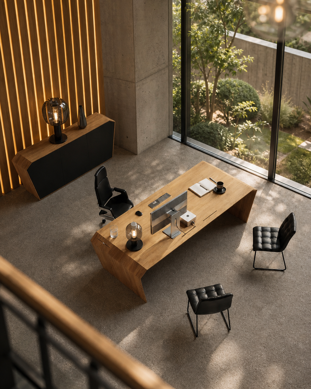 EDELHOLZ Schreibtisch in Golden Timber aus der Vogelperspektive in einem großzügigen Chefbüro mit Atrium und Gartenblick.