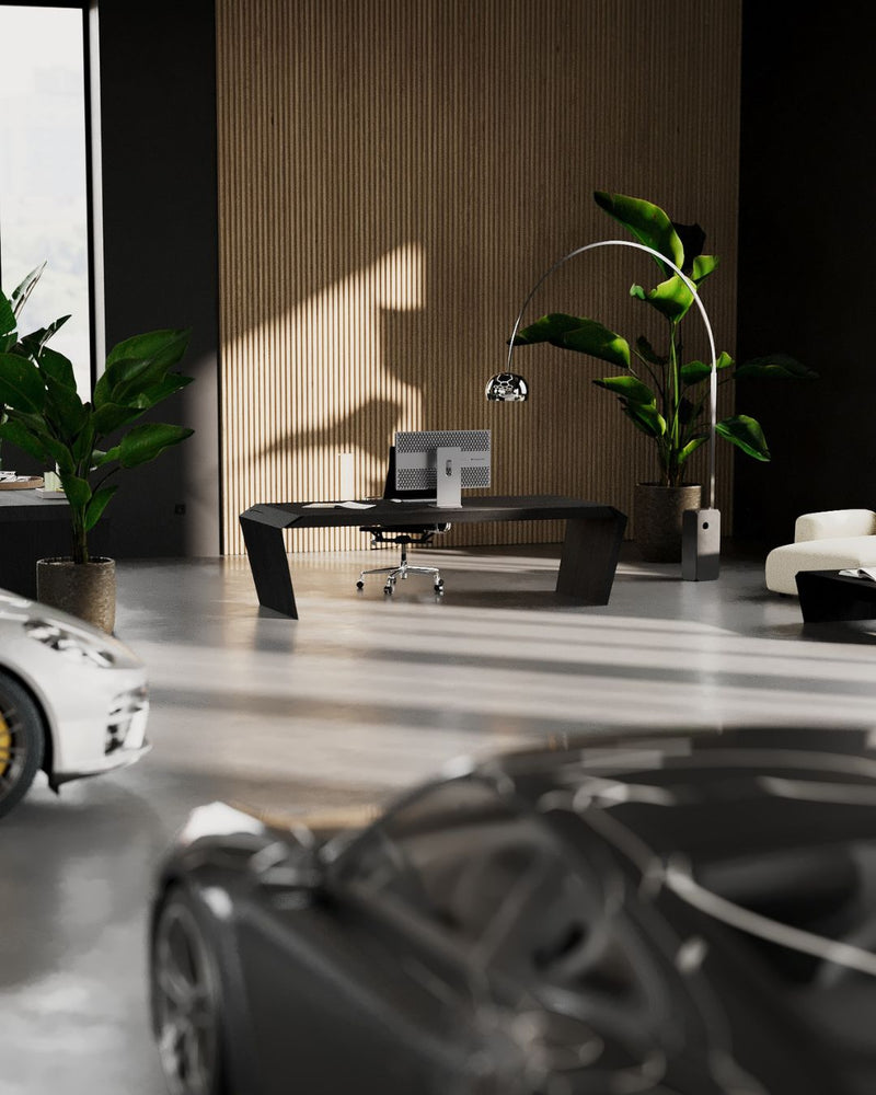EDELHOLZ Schreibtisch in Spezialgröße in Midnight Noir im Loft-Büro mit Sportwagen und Bogenlampe, Studio-Render