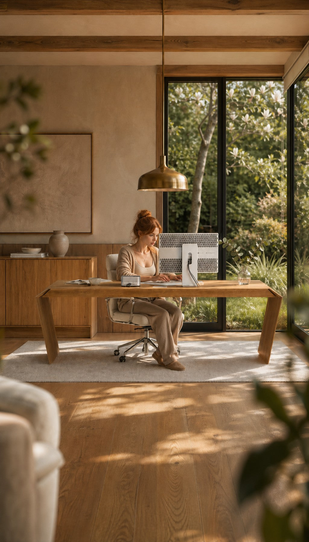 EDELHOLZ Designer-Schreibtisch aus Massivholz in modernem Büroumfeld – Detail-Aufnahme der präzisen Schweizer Kante – KI-generierte Visualisierung