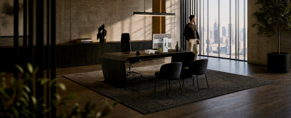 DeskPRO in Midnight Noir im CEO-Büro mit Blick auf die Stadt - KI-generierte Visualisierung