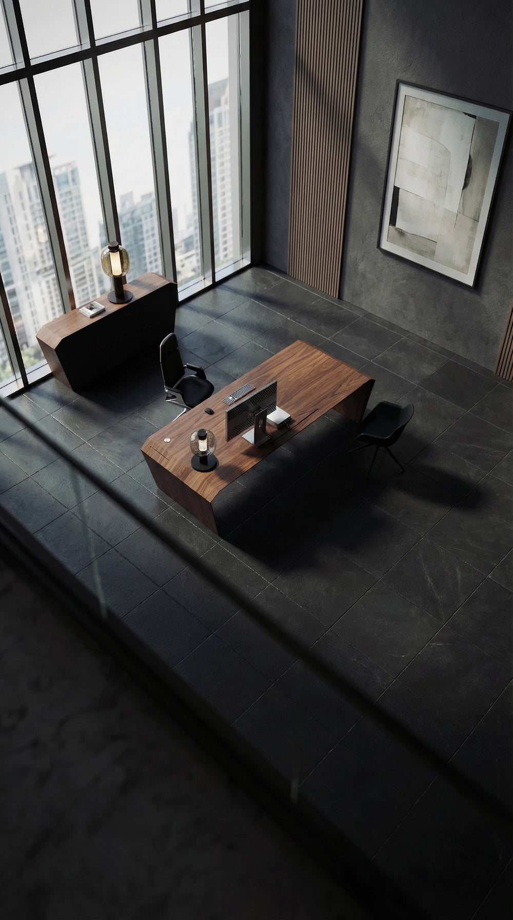 DeskPRO in Deep Walnut im Designbüro - KI-generierte Visualisierung