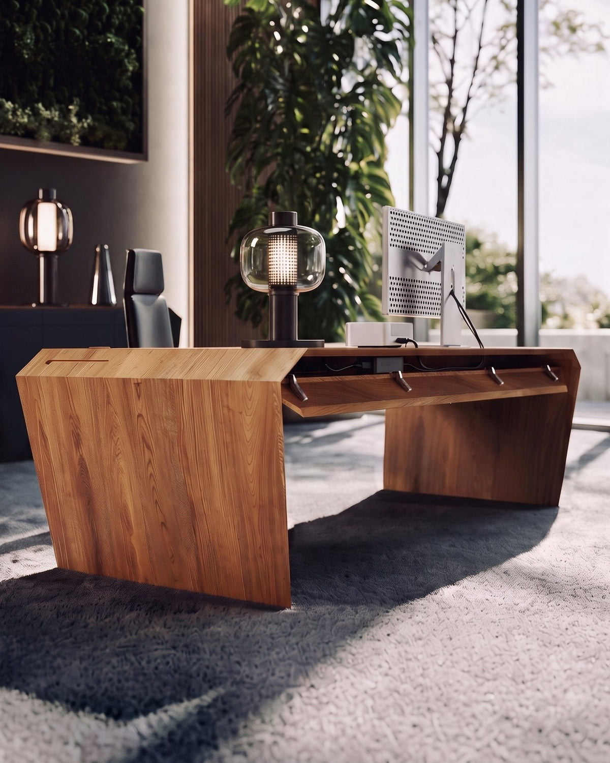 EDELHOLZ DeskPRO Schreibtisch in Golden Timber, Blick von hinten unter die Tischplatte auf das integrierte Kabelmanagement [finish:golden-timber]