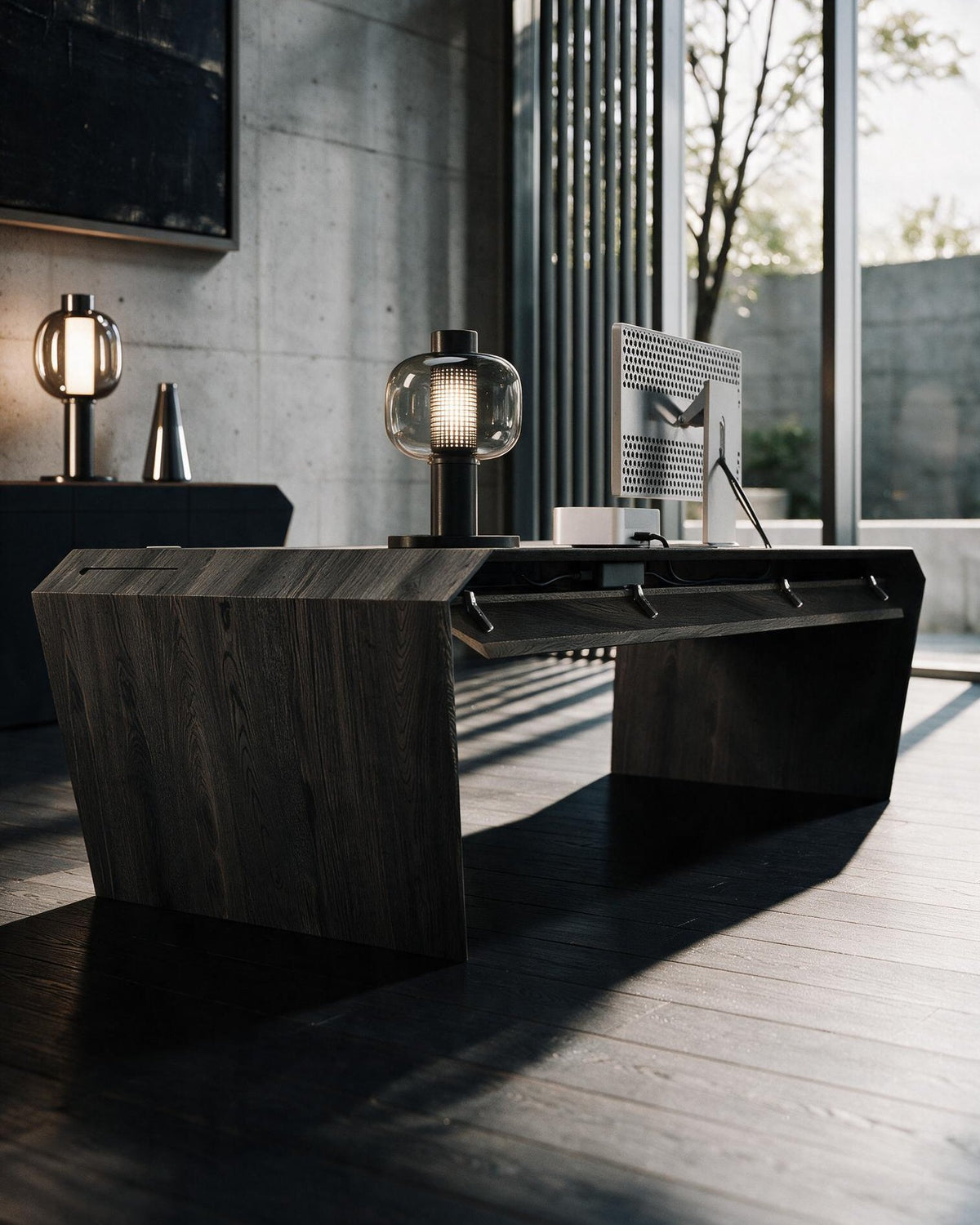 EDELHOLZ DeskPRO Schreibtisch in Midnight Noir, Blick von hinten unter die Tischplatte auf das integrierte Kabelmanagement [finish:midnight-noir]