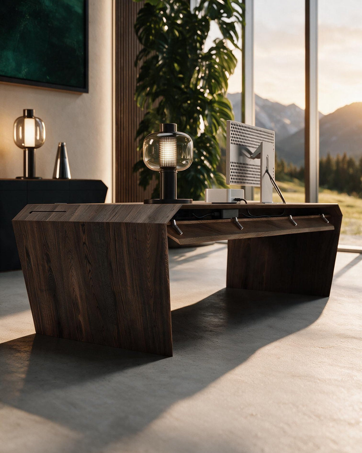 EDELHOLZ DeskPRO Schreibtisch in Smoked Amber, Blick von hinten unter die Tischplatte auf das integrierte Kabelmanagement [finish:smoked-amber]