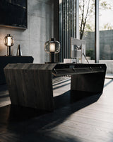 EDELHOLZ DeskPURE Schreibtisch in Midnight Noir, Blick von hinten unter die Tischplatte auf das integrierte Kabelmanagement [finish:midnight-noir]
