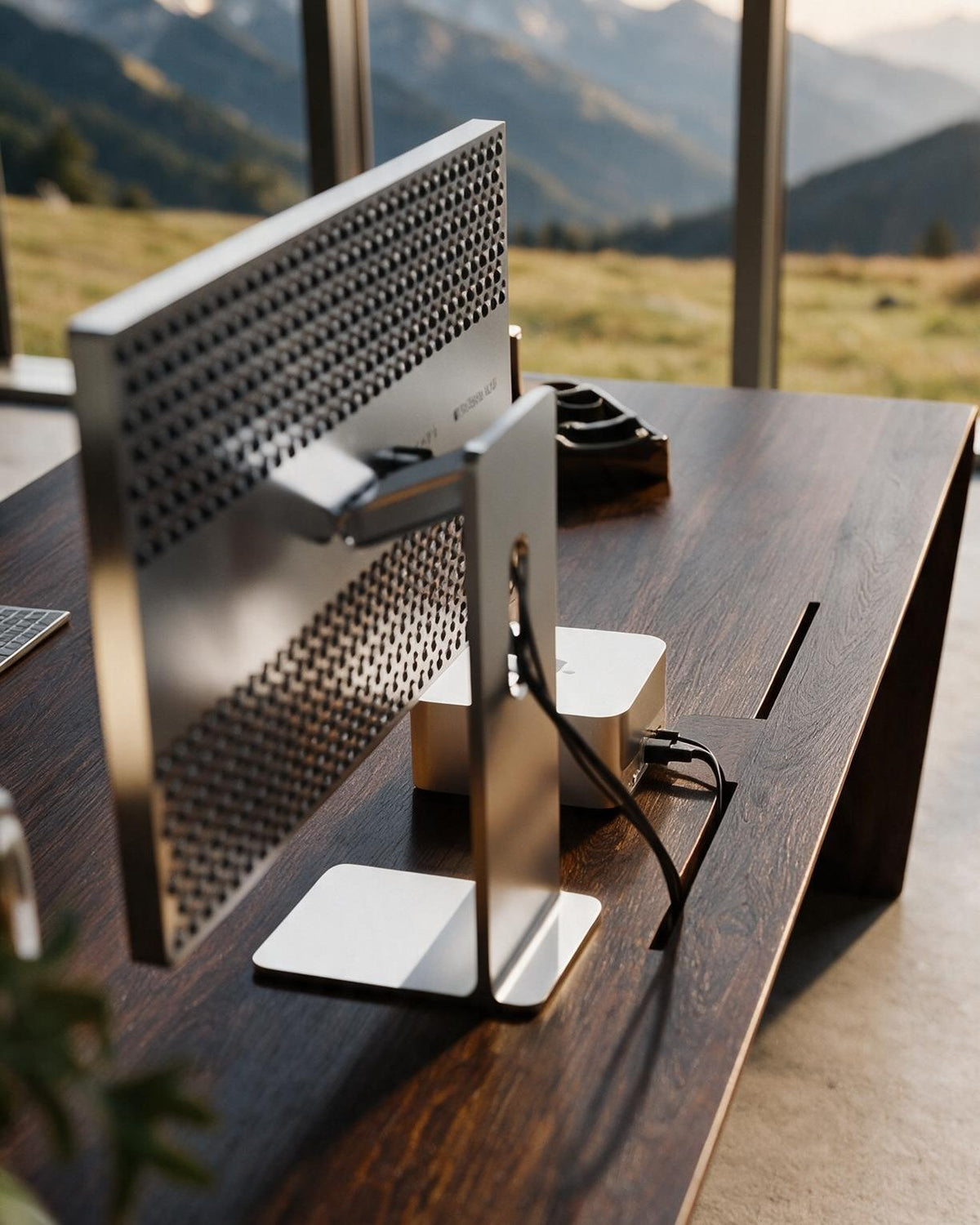 EDELHOLZ DeskPURE Schreibtisch in Smoked Amber, Nahaufnahme der Tischplatte mit Monitor, Tastatur und Waterfall-Kante [finish:smoked-amber]