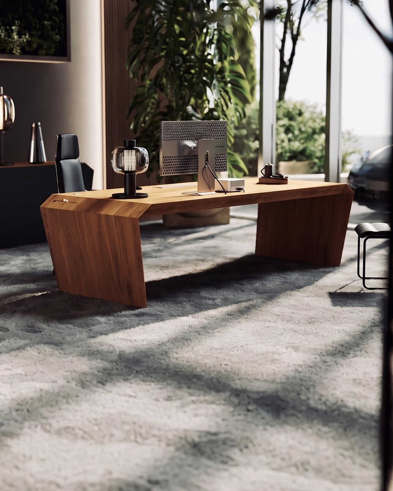 EDELHOLZ DeskPURE Schreibtisch in Golden Timber, Seitenansicht mit Monitor, Tischleuchte und Sessel im lichtdurchfluteten Büro [finish:golden-timber]