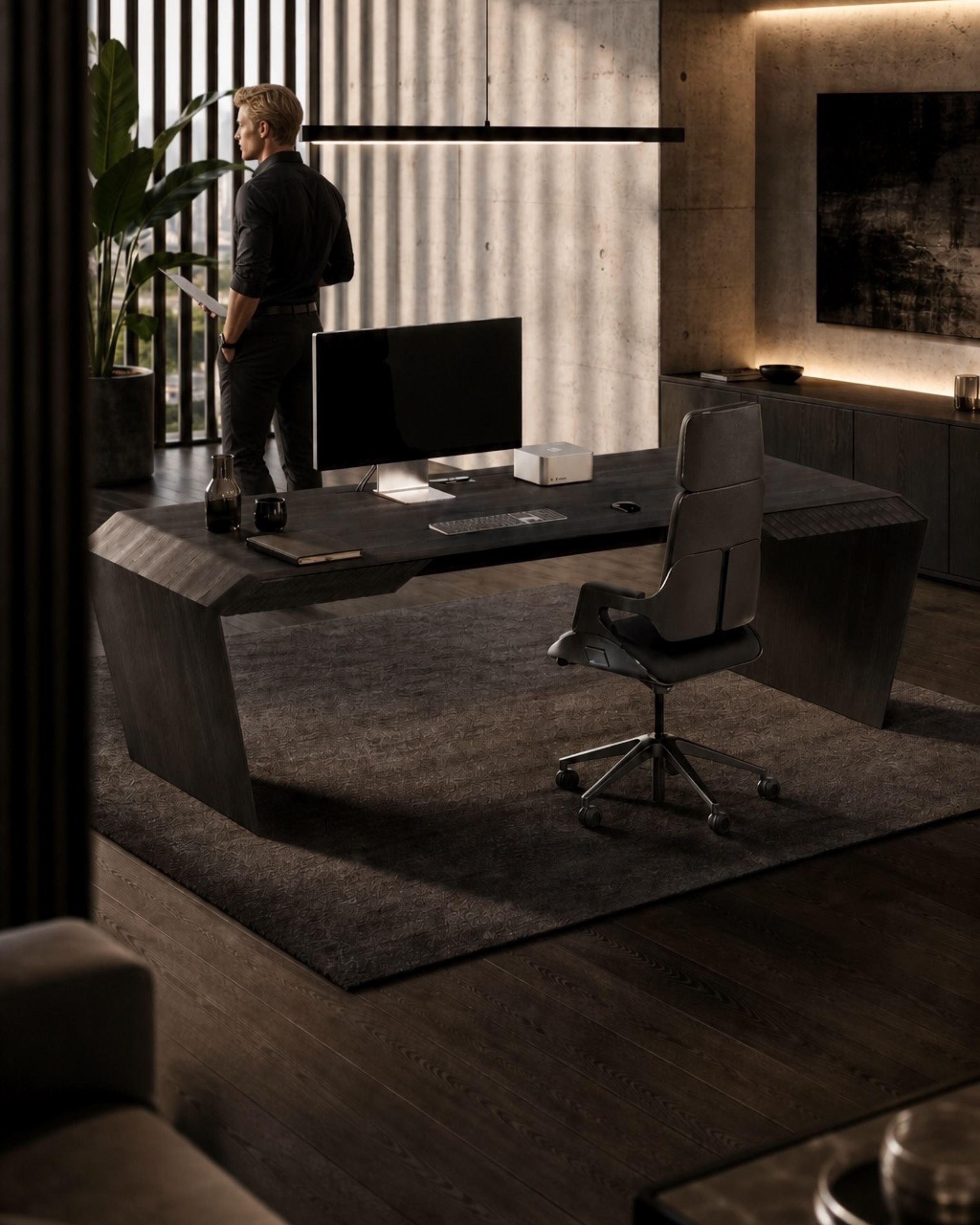Interstuhl Silver Chefsessel am EDELHOLZ Eckschreibtisch im Büro – KI-generierte Visualisierung