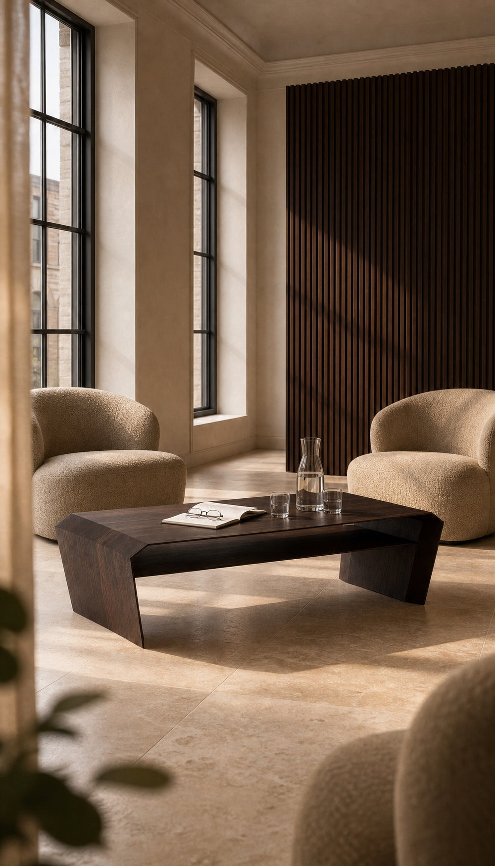 EDELHOLZ LoungePURE Couchtisch in Smoked Amber in der Mandanten-Lounge mit Bouclé-Sesseln und Sprossenfenstern. KI-generierte Visualisierung