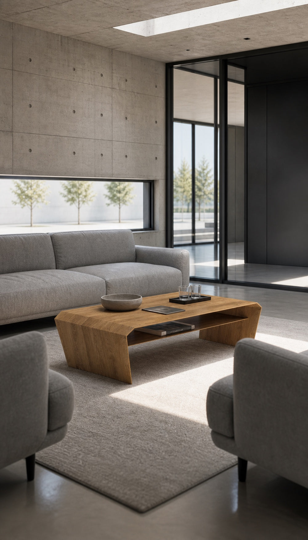 EDELHOLZ LoungePURE Couchtisch in Golden Timber im Wartebereich mit Sofa und Sesseln, Sichtbeton. KI-generierte Visualisierung
