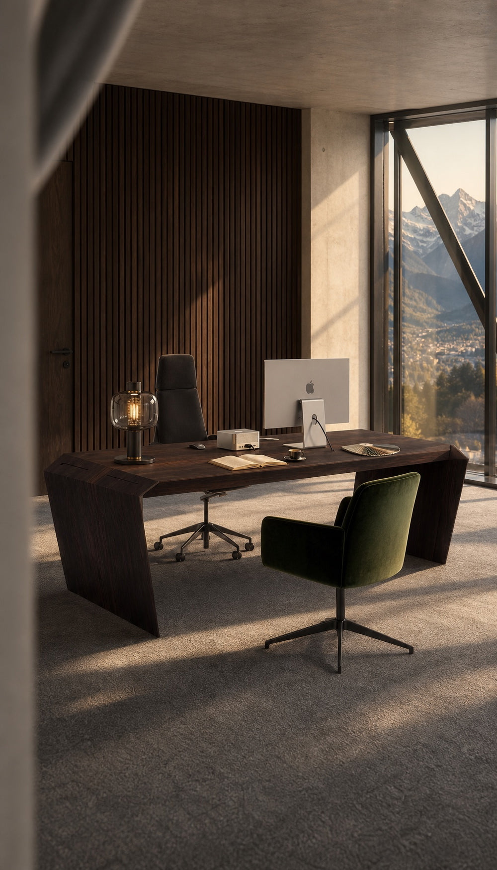 EDELHOLZ DeskPRO Schreibtisch 220x100 in Smoked Amber (Raeuchereiche) im modernen Office mit Lamellenwand, Sichtbeton und Bergblick